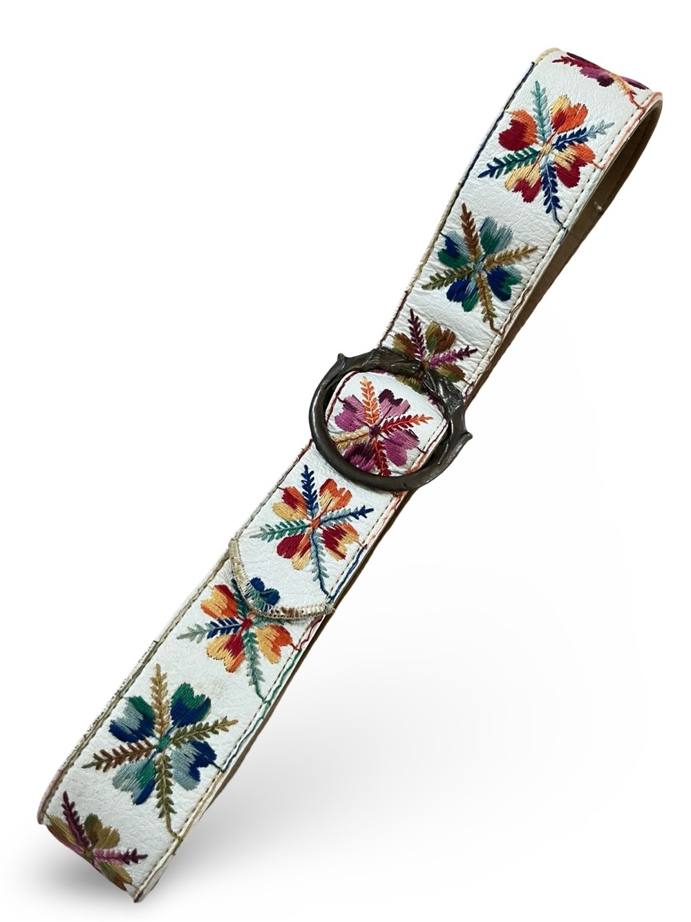 VTG 70s Bechelli Embroidered Folk Art Floral Boho Belt Interlocking Buckle